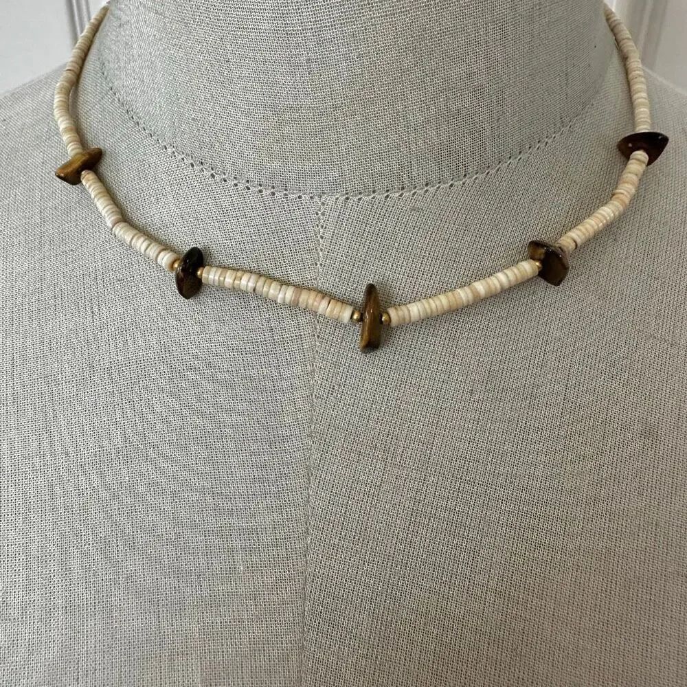 Vintage Shell Heishi & Tiger’s Eye Chip Choker Necklace